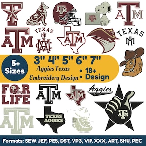 Peut inclure: Une collection de motifs de broderie numérique avec des logos Texas A&M, incluant le monogramme ATM, une mascotte, un casque de football, le contour de l'État du Texas et un personnage. Le texte inclut 5+ Sizes, 3" 4" 5" 6" 7", Aggies Texas, 18+ Design, et Formats: SEW, JEF, PES, DST, VP3, VIP, XXX, ART, SHU, PEC.