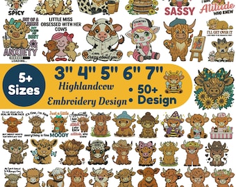 Funny Highland Cow Machine Embroidery Design Floral Highland Cow Design Mini Highland Cow Custom Embroidery All Formats 5+Size Download File
