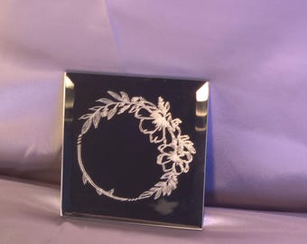 Floral Wreath Mirror | Hand Engraved Botanical Mirror | Personalized Gift | Wedding Gift | Handmade Floral Art | 5x5 Mirror
