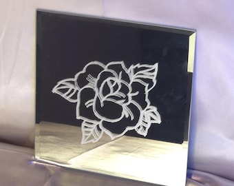 Rose Bloom Mirror | Hand Engraved Rose Mirror | Floral Decor | Botanical Wall Art | Romantic Gift | Handmade Mirror | 8x8 Mirror