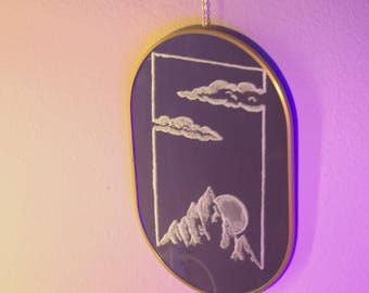 Celestial Peaks Mirror | Hand Engraved Mountain Mirror | Celestial Wall Decor | Moon Mountain Art | Boho Home Decor | Handmade Gift