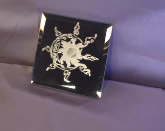 Solar Crest Mirror | Hand Engraved Sun Mirror | Celestial Decor| Boho Home Decor | Handmade Celestial Gift | 5x5 Mirror