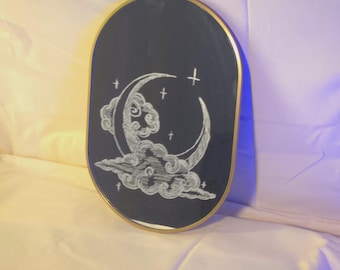 Lunar Bloom Mirror | Hand Engraved Moon Mirror | Celestial Wall Decor | Crescent Moon Art | Boho Home Decor | Handmade Gift