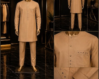 Kamelfärgad afrikansk herrkläder, Sahara Heritage Senator-set, Nigeriansk senatorkaftan, herrkläder för kyrka, bröllop, nattklubbar, formella kläder