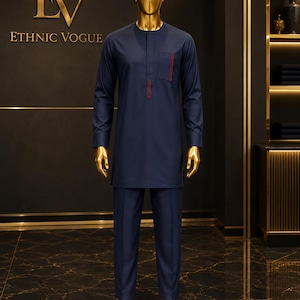Deep Navy African Men’s Native Wear Set, Navy Heritage Accent Set, Nigerian Senator Kaftan Outfit, Church Wedding Menswear, Causal, official