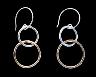 Sterling Silver & Gold Fill Linked Circle Earrings Handmade with Slight Hand Hammered Texture Fish Hook or Post