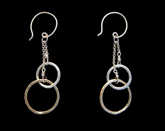 Sterling Silver & Gold Fill Linked Circle Chain Earrings Handmade with Slight Hand Hammered Texture
