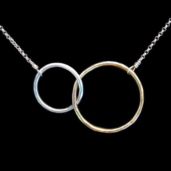 Sterling Silver & Gold Fill Linked Circle Necklace Handmade with Slight Hand Hammered Texture