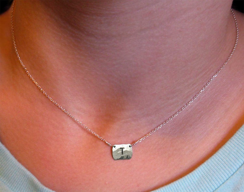 Sterling Silver Initial necklace 1 to 3 Letter, Name, ID, Phrase Necklace / Plaque Handmade Hand Hammered image 3