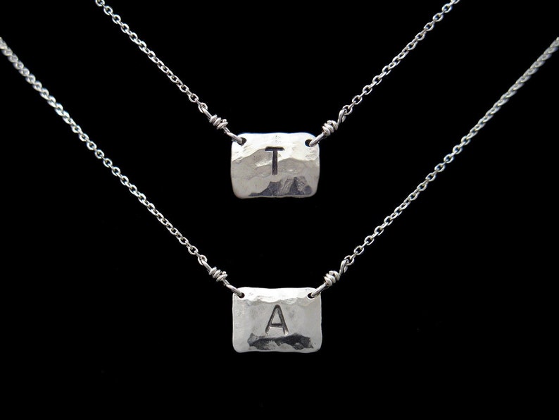 Sterling Silver Initial necklace 1 to 3 Letter, Name, ID, Phrase Necklace / Plaque Handmade Hand Hammered image 1