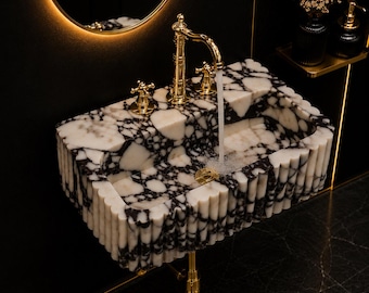 Calacatta Viola Marble Washbasin, Luxury Wall-Mounted Bathroom Washbasin, Hand-Carved Natural Stone Washbasin