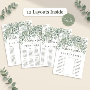 Wedding Seating Chart Template, Printable Find Your Seat Sign, Editable Greenery Eucalyptus Seating Plan, 6 Themes, Fillable PDF image 4