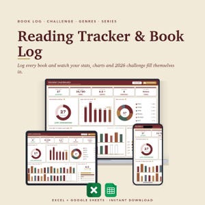 May include: A digital reading tracker and book log template for Excel and Google Sheets. The interface displays a reading dashboard with charts, statistics, and a 2026 challenge tracker on a laptop, tablet, and smartphone screen with dark red accents.