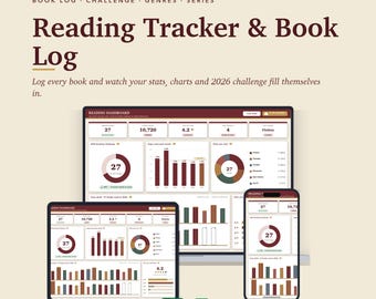 Hoja de cálculo de seguimiento de lectura / Excel + Google Sheets / Registro de libros, Reto de lectura 2026, Estadísticas de género y Lista de libros pendientes de leer
