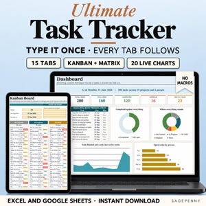 タスクおよびプロジェクト追跡スプレッドシート、Excel、Googleスプレッドシート、カンバンボード、アイゼンハワーマトリックス（デジタルダウンロード）