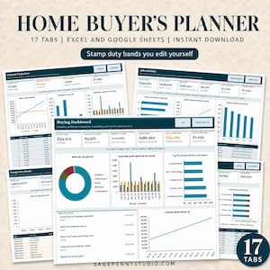Può includere: Un pianificatore digitale per acquirenti di case con 17 schede per Excel e Google Sheets. L'interfaccia include una dashboard di acquisto, proiezioni di deposito, calcolatori di convenienza e fasce di imposta con grafici.