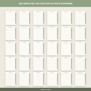 Puede incluir: Una colecci&oacute;n digital de 100 plantillas para planificadores, con varios dise&ntilde;os como p&aacute;ginas rayadas, cuadriculadas y en blanco. Cada plantilla incluye una fila vertical de pesta&ntilde;as de colores en el borde derecho. El texto 100 TEMPLATES YOU CAN COPY & PASTE ANYWHERE aparece en la parte superior.