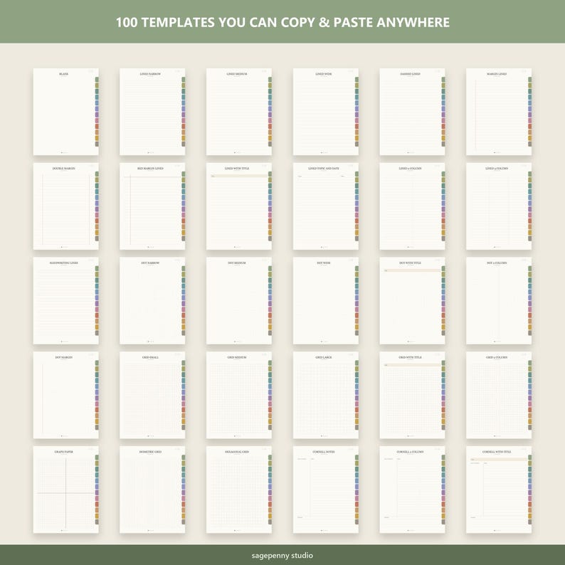 Puede incluir: Una colecci&oacute;n digital de 100 plantillas para planificadores, con varios dise&ntilde;os como p&aacute;ginas rayadas, cuadriculadas y en blanco. Cada plantilla incluye una fila vertical de pesta&ntilde;as de colores en el borde derecho. El texto 100 TEMPLATES YOU CAN COPY & PASTE ANYWHERE aparece en la parte superior.
