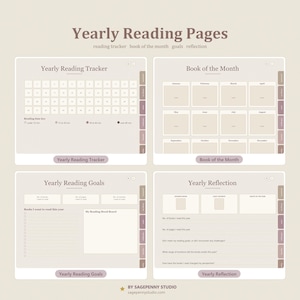 May include: A digital planner layout titled Yearly Reading Pages featuring four sections: Yearly Reading Tracker, Book of the Month, Yearly Reading Goals, and Yearly Reflection. The design uses a neutral beige color palette with dark brown text.