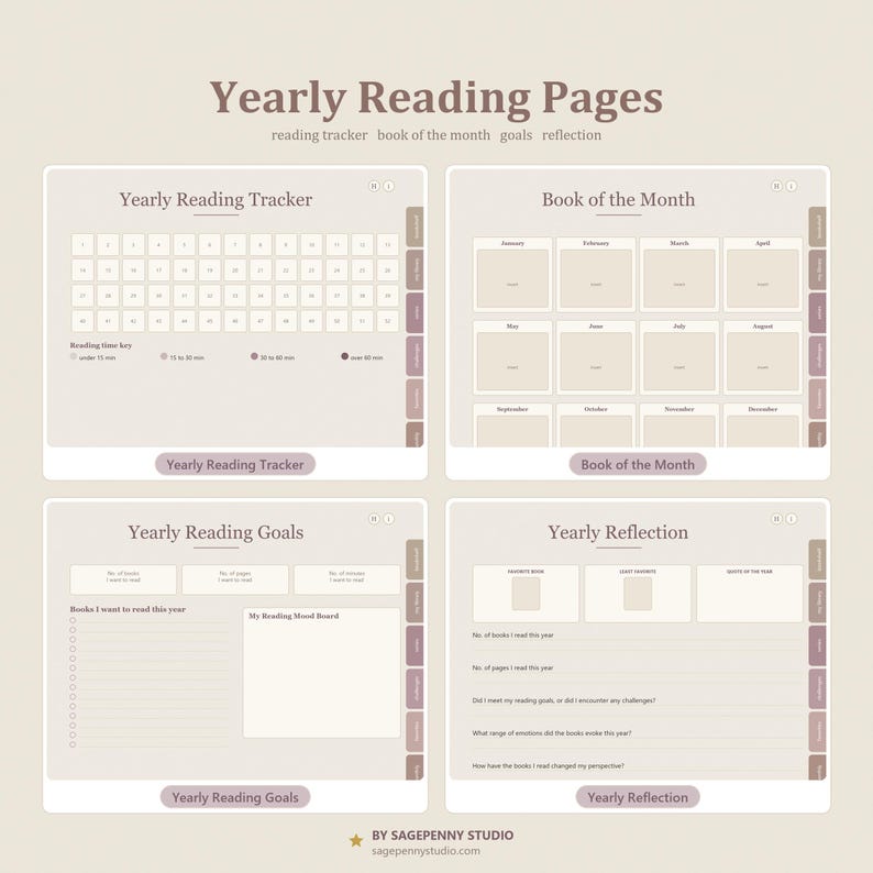 May include: A digital planner layout titled Yearly Reading Pages featuring four sections: Yearly Reading Tracker, Book of the Month, Yearly Reading Goals, and Yearly Reflection. The design uses a neutral beige color palette with dark brown text.