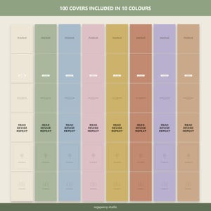 Puede incluir: Una colecci&oacute;n de portadas para cuadernos en diez colores distintos, incluyendo crema, salvia, azul, rosa, oro, terracota y lavanda. El texto 100 COVERS INCLUDED IN 10 COLOURS aparece arriba, con READ REVISE REPEAT impreso en varios dise&ntilde;os.