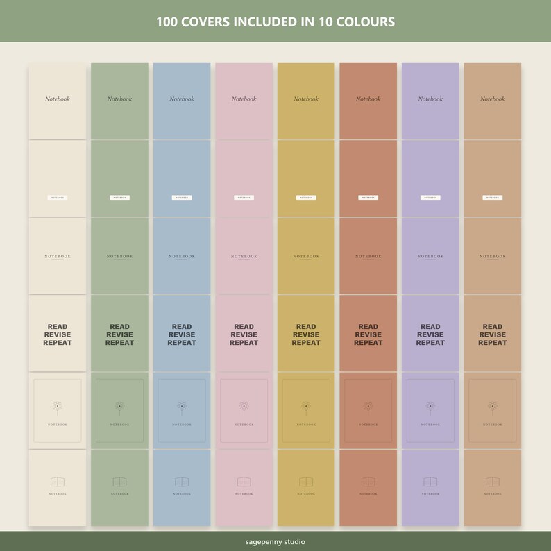 Puede incluir: Una colecci&oacute;n de portadas para cuadernos en diez colores distintos, incluyendo crema, salvia, azul, rosa, oro, terracota y lavanda. El texto 100 COVERS INCLUDED IN 10 COLOURS aparece arriba, con READ REVISE REPEAT impreso en varios dise&ntilde;os.