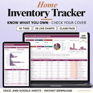 Pode incluir: Um rastreador de inventário doméstico digital exibido na tela de um laptop e tablet. A interface apresenta gráficos, tabelas e campos de dados rotulados como Home Inventory and Contents Cover, 16 abas e 26 gráficos ao vivo.