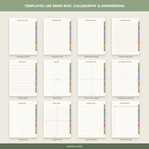 Puede incluir: Una colecci&oacute;n digital de doce plantillas de p&aacute;gina que incluyen cuadr&iacute;cula hexagonal, isom&eacute;trica, notas de mapa mundial, cuadr&iacute;cula de ingenier&iacute;a, partitura, mapa mental, gr&aacute;fico de ejes x e y, caligraf&iacute;a, guion gr&aacute;fico, papel cuadriculado, notas Cornell y bloques de tiempo.