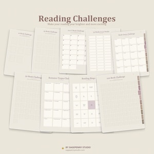 May include: A collection of digital reading challenge templates titled Reading Challenges, Make your reading year brighter and more exciting. Includes 10, 25, 50, and 100 book challenges, A to Z, 52 weeks, romance tropes, and reading bingo sheets.