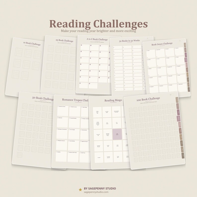 May include: A collection of digital reading challenge templates titled Reading Challenges, Make your reading year brighter and more exciting. Includes 10, 25, 50, and 100 book challenges, A to Z, 52 weeks, romance tropes, and reading bingo sheets.