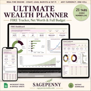 Wealth Planner Spreadsheet with FIRE Calculator, Net Worth Tracker and Budget for Excel and Google Sheets