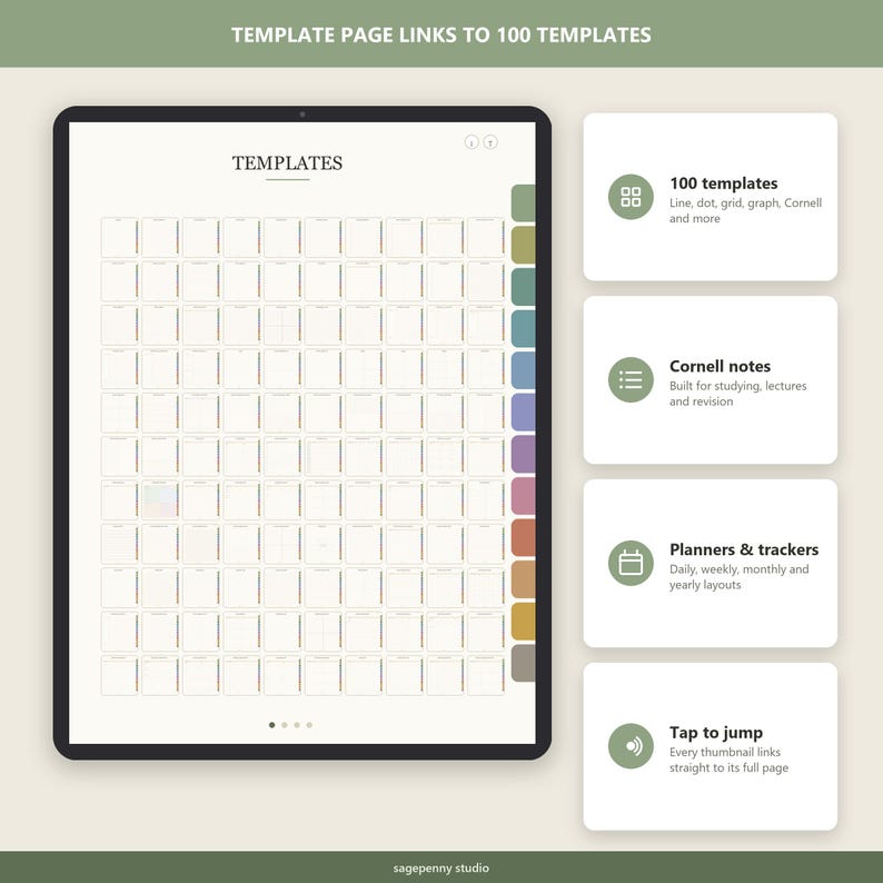 Puede incluir: Una pantalla de tableta digital que muestra una p&aacute;gina de plantillas con 100 enlaces en miniatura, etiquetada como TEMPLATES. La interfaz cuenta con una barra de navegaci&oacute;n lateral con pesta&ntilde;as de colores y cuatro cuadros informativos que detallan 100 plantillas, notas Cornell, planificadores, rastreadores y funcionalidad de tocar para saltar.