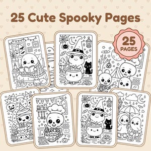 Przytulna, upiorna kolorowanka | 25 uroczych kolorowanek na Halloween | Kawaii Duch Szkielet Dynia | Dla dzieci i dorosłych | Pobierz PDF natychmiast zdjęcie 6