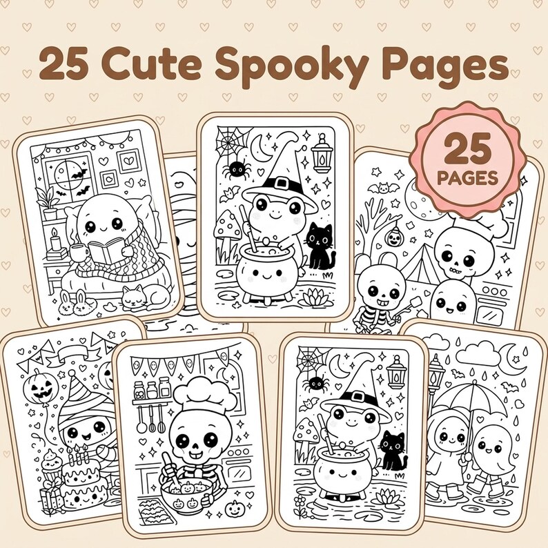 Przytulna, upiorna kolorowanka | 25 uroczych kolorowanek na Halloween | Kawaii Duch Szkielet Dynia | Dla dzieci i dorosłych | Pobierz PDF natychmiast zdjęcie 6