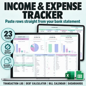 May include: An income and expense tracker spreadsheet displayed on two laptop screens. The interface features financial dashboards, charts, and tables with text including 'INCOME & EXPENSE TRACKER', '23 TABS', 'EASY SETUP', and 'BLANK + SAMPLE'.