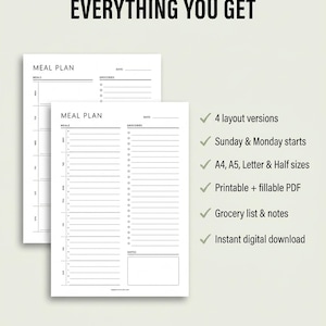 Wekelijkse maaltijdplanner met boodschappenlijst, afdrukbare maaltijdplansjabloon, invulbare pdf, menuplanner, A4 A5-briefhelft, organisator maaltijdvoorbereiding afbeelding 9