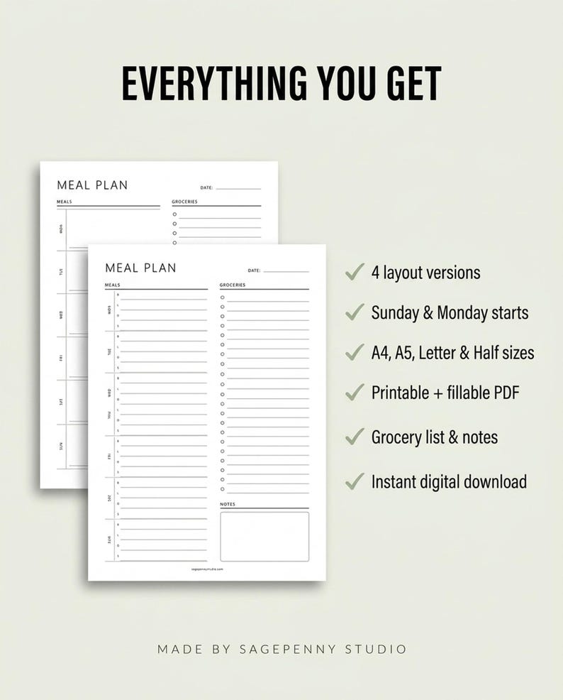 Wekelijkse maaltijdplanner met boodschappenlijst, afdrukbare maaltijdplansjabloon, invulbare pdf, menuplanner, A4 A5-briefhelft, organisator maaltijdvoorbereiding afbeelding 9