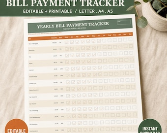 Editable Bill Payment Tracker, Bill Organizer Template, Fillable PDF and Word, Yearly Monthly Bills, Subscription Log, Printable