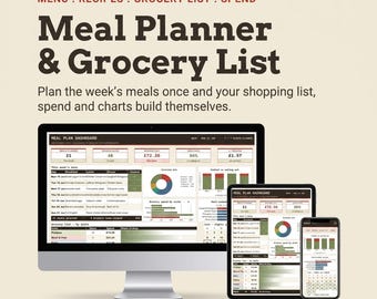 Planificador de comidas y lista de la compra (hoja de cálculo en Excel + Google Sheets) / Menú semanal, recetas, lista de la compra y presupuesto.