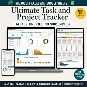 タスクおよびプロジェクト追跡スプレッドシート、ToDoリスト、カンバンボード、アイゼンハワーマトリックス、生産性プランナー（ExcelおよびGoogleスプレッドシート用）