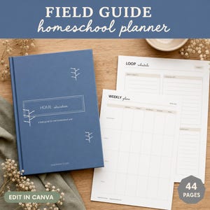 May include: A blue hardcover planner titled HOME education, a field guide for the homeschool year, with white branch illustrations. Two white printed planner pages are visible, one labeled LOOP schedule and the other WEEKLY plans, with 44 pages.