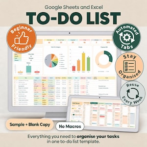 Puede incluir: Una plantilla digital de lista de tareas para Google Sheets y Excel en un monitor de computadora y una tableta. La interfaz incluye seguimiento de tareas, gráficos y un planificador diario. El texto incluye Beginner Friendly, Automated Tabs, Stay Organised, Reuse Every Week, Sample + Blank Copy y No Macros.