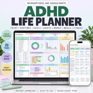 May include: A digital ADHD life planner for Microsoft Excel and Google Sheets displayed on a laptop and smartphone. The dashboard features colorful charts, task lists, habit trackers, and financial summaries. Text includes "ADHD LIFE PLANNER" and "FOCUS COMPASS".