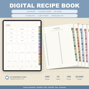 Digital Recipe Book Goodnotes 600 Recipe Pages 25000+ Stickers 100 Covers 10 Templates Hyperlinked Cookbook Recipe Organiser Meal Planner