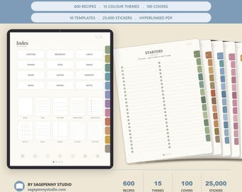 Digital Recipe Book Goodnotes 600 Recipe Pages 25000+ Stickers 100 Covers 10 Templates Hyperlinked Cookbook Recipe Organiser Meal Planner