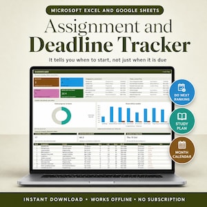 May include: A laptop screen displaying a Microsoft Excel and Google Sheets assignment and deadline tracker. The dashboard features data tables, a donut chart, and a bar graph. Three circular icons labelled Do Next Ranking, Study Plan, and Month Calendar are positioned to the right.