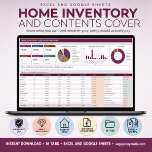 May include: A laptop screen displays a home inventory and contents cover spreadsheet for Excel and Google Sheets. The dashboard features data tables, pie charts, and bar graphs tracking replacement costs, coverage status, and room-by-room inventory.