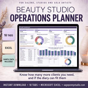 May include: A digital Beauty Studio Operations Planner displayed on a laptop screen, featuring a studio dashboard with financial charts, client lists, and stock tracking. The interface includes 18 tabs, Excel compatibility, and sample data included.