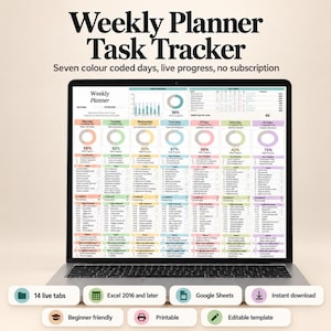 Planificador semanal en Excel y Google Sheets, planificador diario, plantilla de lista de tareas, registro de hábitos, registro de tareas, planificador de objetivos, registro de tiempo