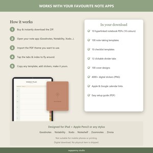 Puede incluir: Una gu&iacute;a de descarga de planificador digital con una interfaz de plan semanal en una tableta, una cubierta de cuaderno terracota y una lista de contenido que incluye 10 PDF con hiperv&iacute;nculos, 100 plantillas, 12 pesta&ntilde;as y 4000+ pegatinas digitales.